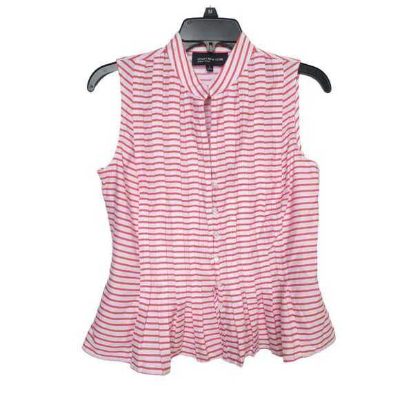 🤩Women's blouse Size S Jones New York sleeveless Striped White Red button front - Picture 1 of 6